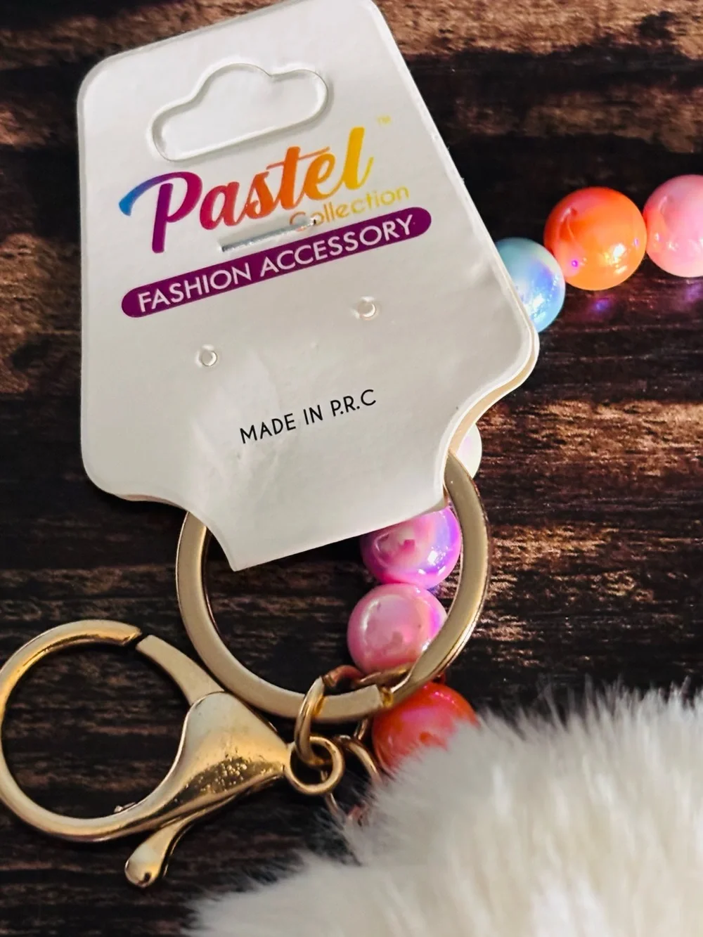 Pastels Multicolor Beaded Keyring with Cream Pom Pom